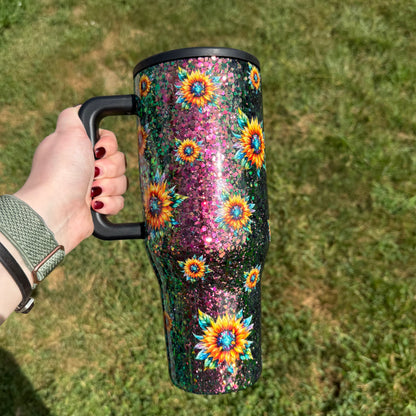 40oz Chunky Colorshift with Stain-glassed Sunflowers HydroJug (Ready to Ship)