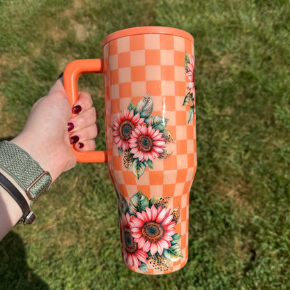 40oz Orange Checker with Pink Sunflowers HydroJug (Ready to Ship)
