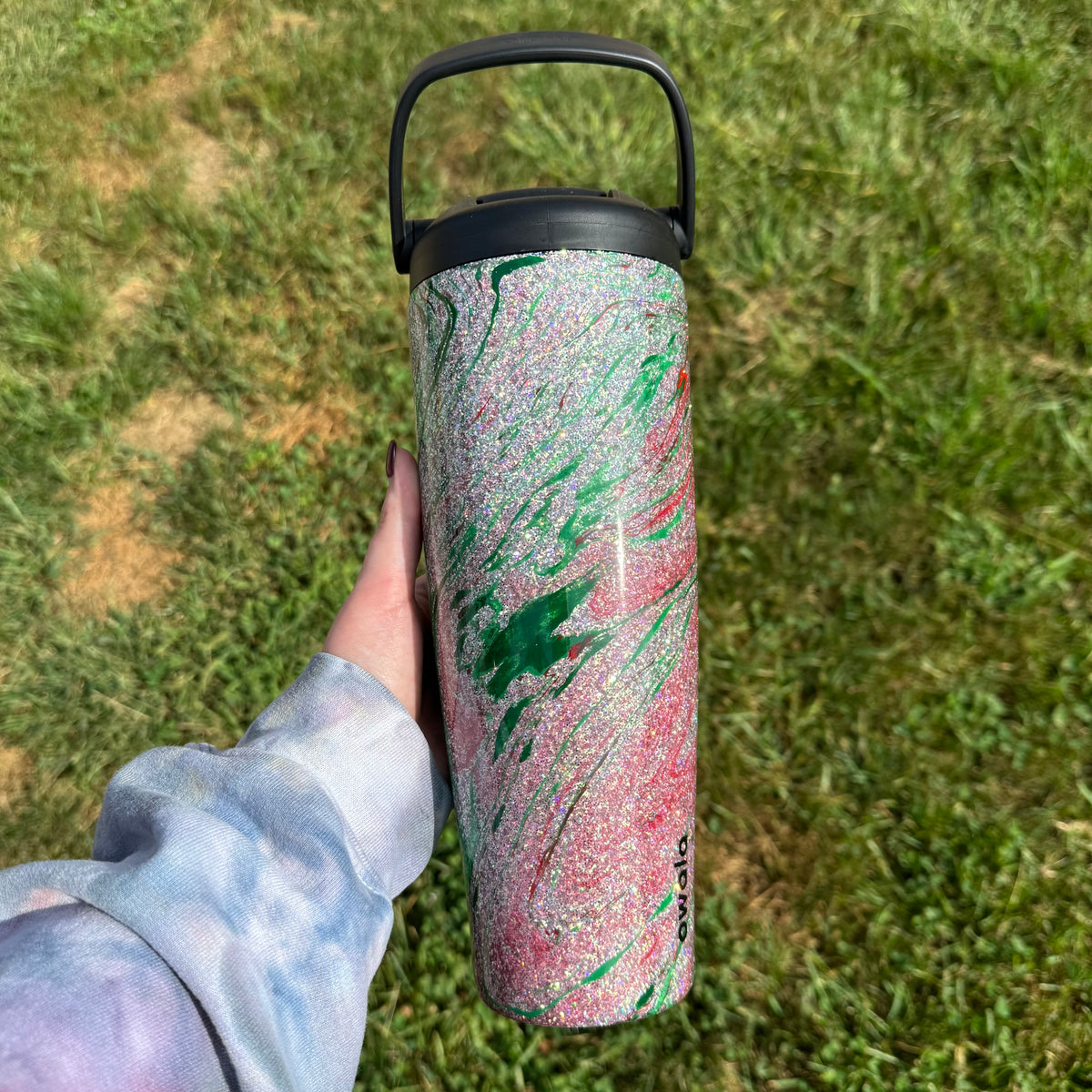 40oz Silver with Red and Green Hydrodipped Owala Sway (Ready to Ship)