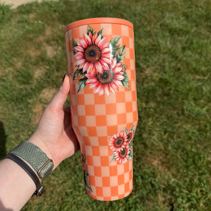 40oz Orange Checker with Pink Sunflowers HydroJug (Ready to Ship)