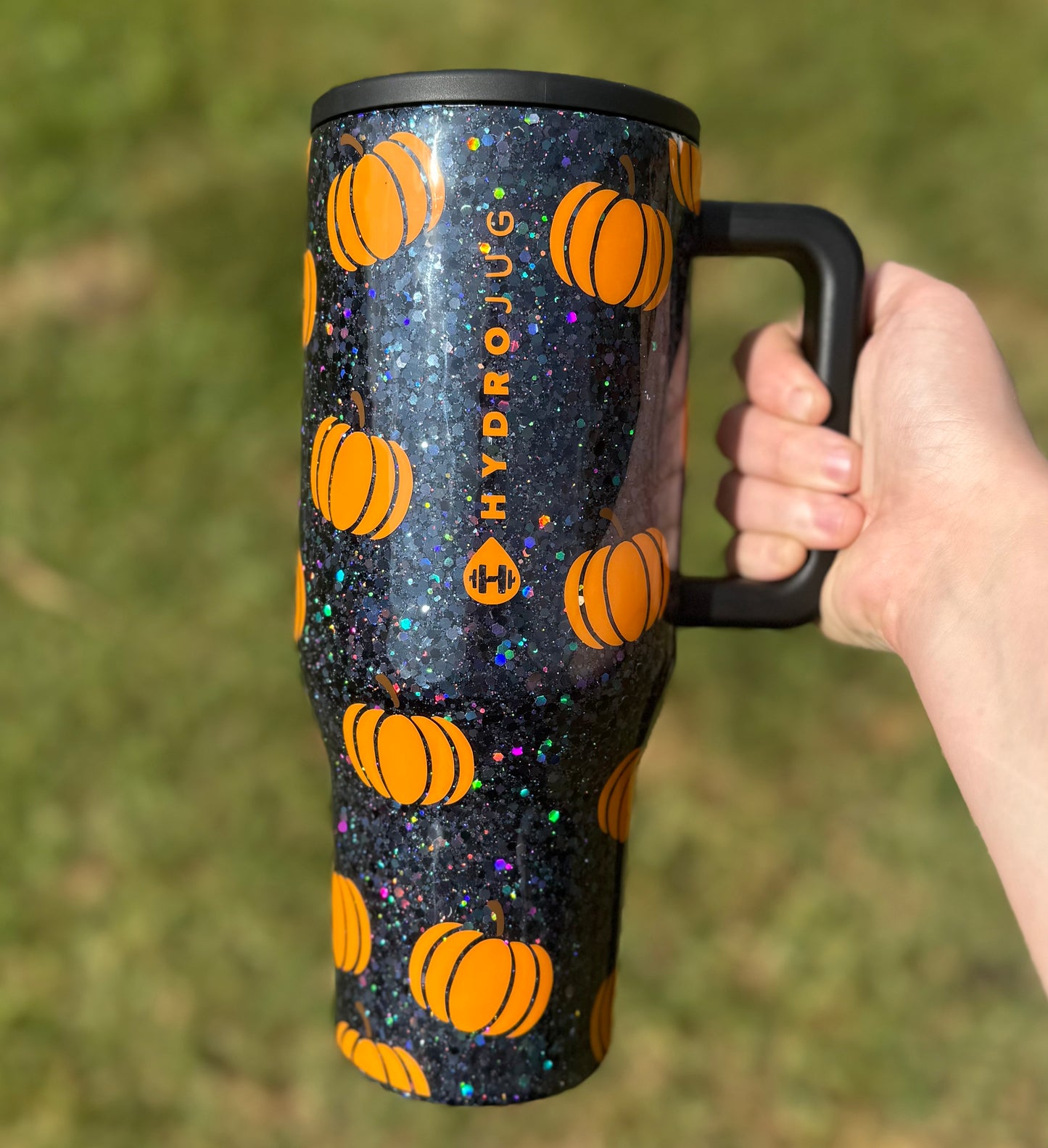 Chunky Holographic Black With Orange Pumpkins HydroJug *MADE TO ORDER*