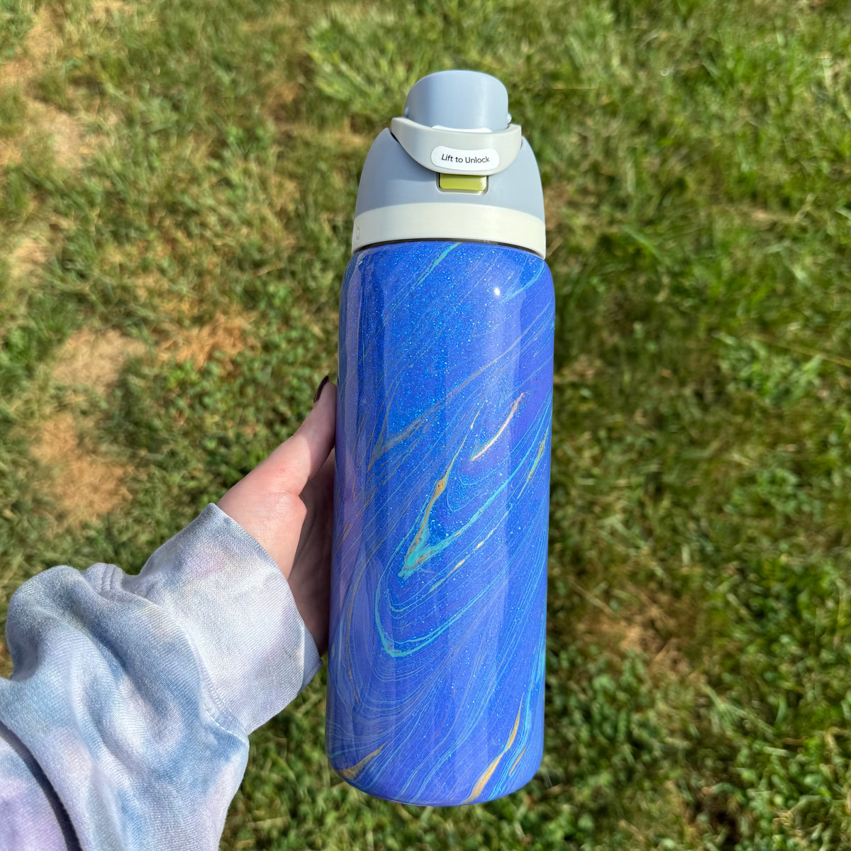 32oz Light Blue, Purple, and Gold Hydrodipped Owala (Ready to Ship)