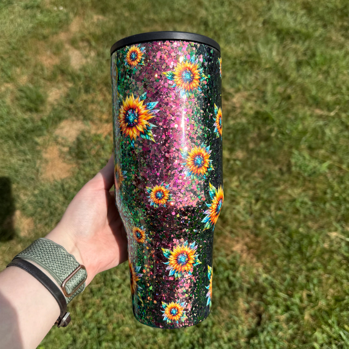 40oz Chunky Colorshift with Stain-glassed Sunflowers HydroJug (Ready to Ship)