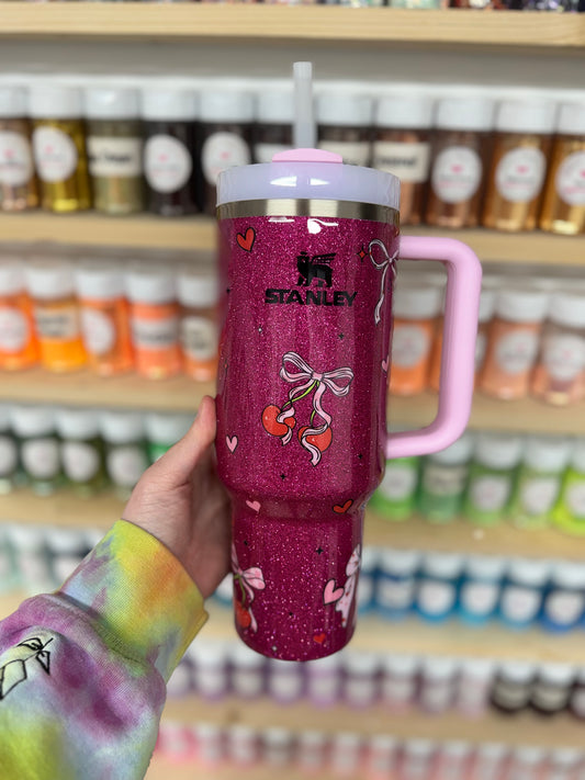 40oz Dark Pink w/ Cherries and Bows Stanley (Ready to Ship)
