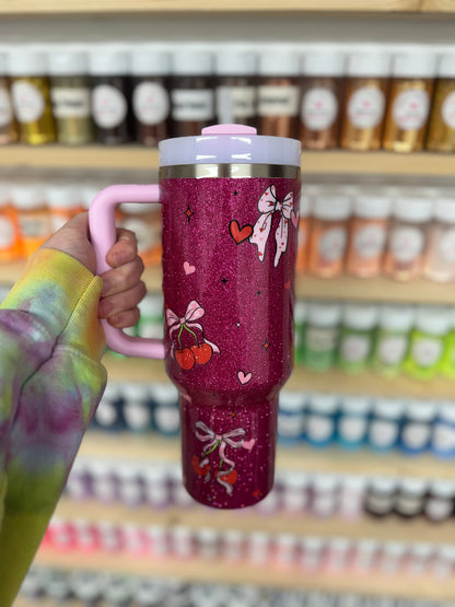 40oz Dark Pink w/ Cherries and Bows Stanley (Ready to Ship)