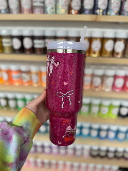 40oz Dark Pink w/ Cherries and Bows Stanley (Ready to Ship)