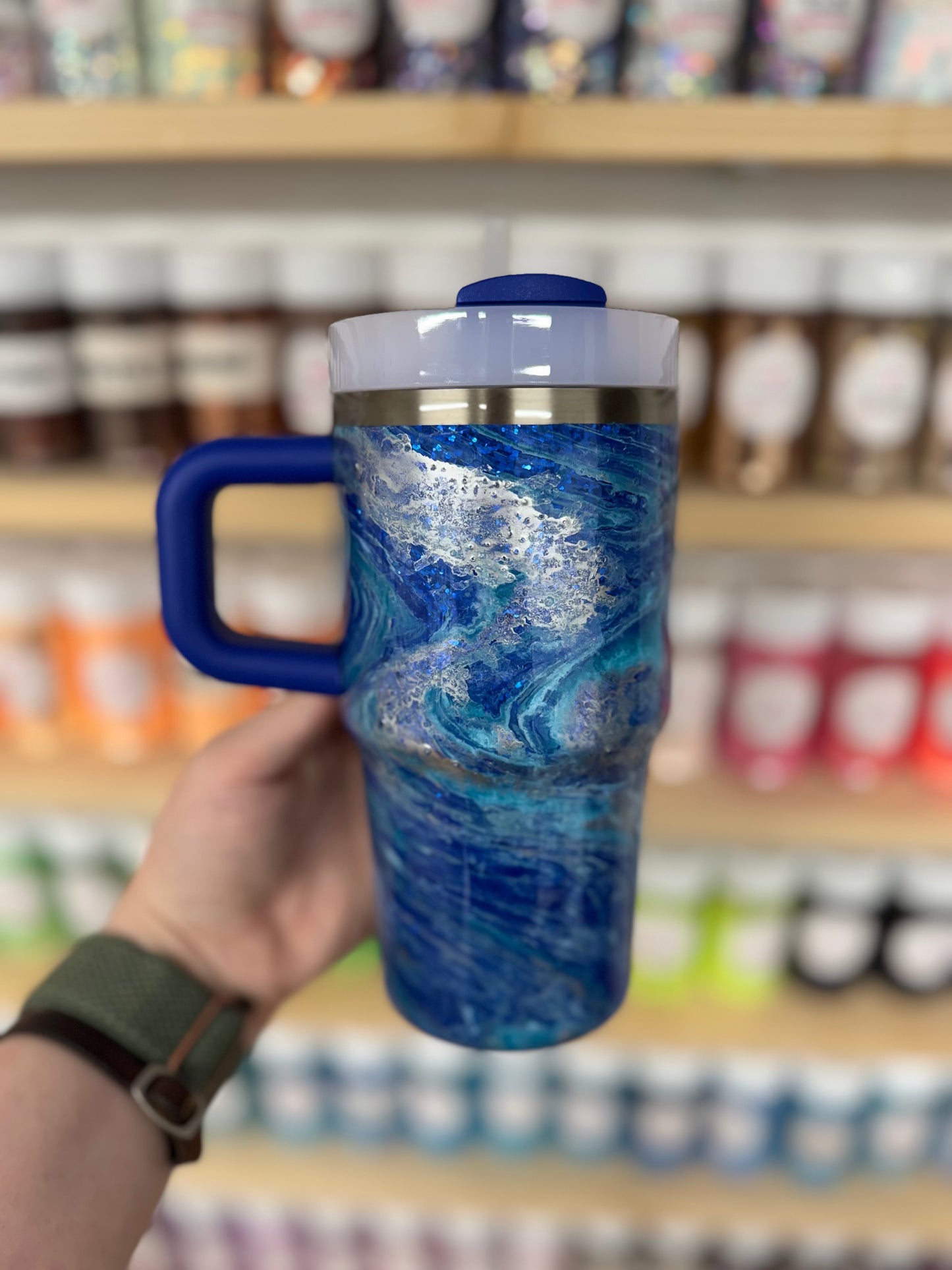 20oz Blue and Silver Hydrodipped Stanley (Ready to Ship)