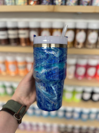 20oz Blue and Silver Hydrodipped Stanley (Ready to Ship)