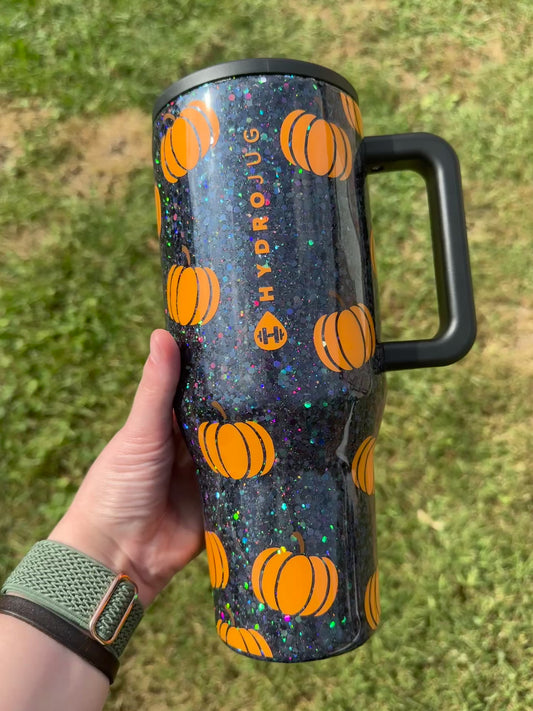 Chunky Holographic Black With Orange Pumpkins HydroJug *MADE TO ORDER*