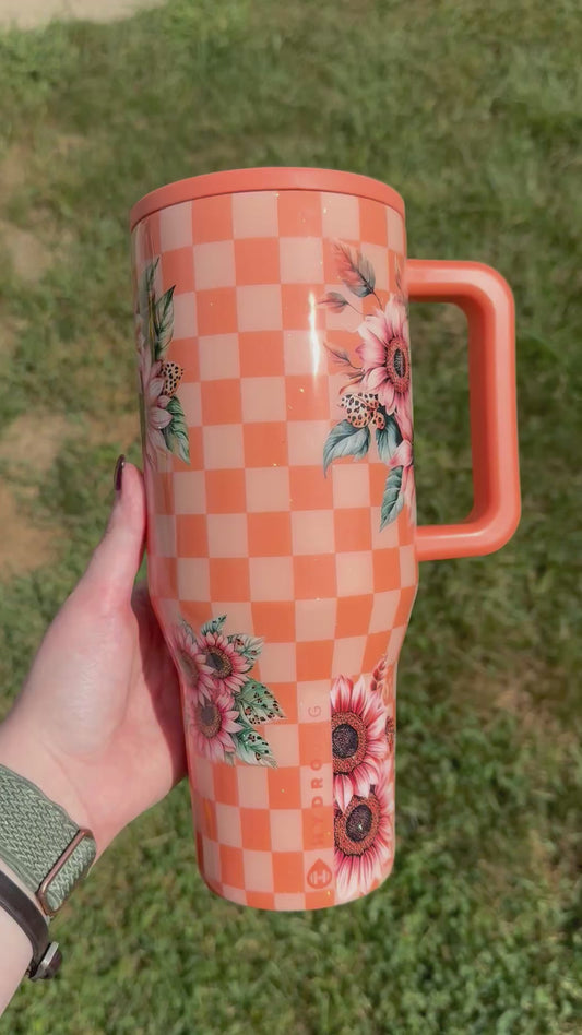 40oz Orange Checker with Pink Sunflowers HydroJug (Ready to Ship)