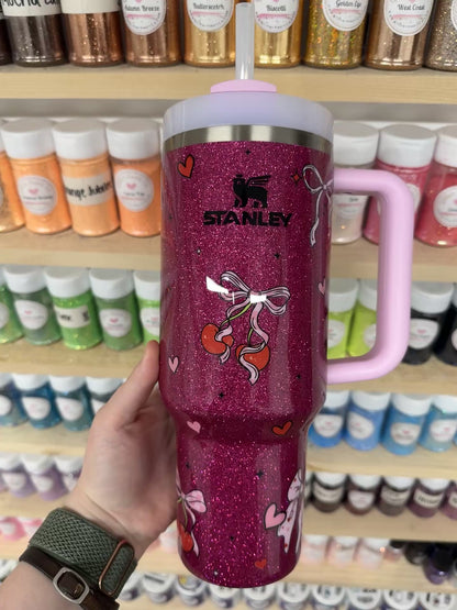 40oz Dark Pink w/ Cherries and Bows Stanley (Ready to Ship)