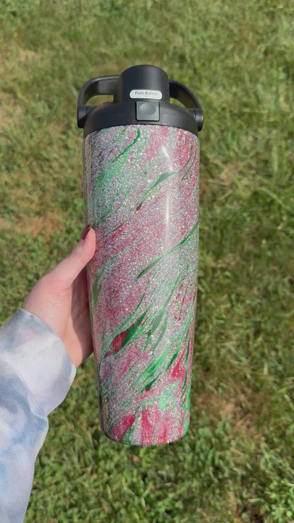 40oz Silver with Red and Green Hydrodipped Owala Sway (Ready to Ship)